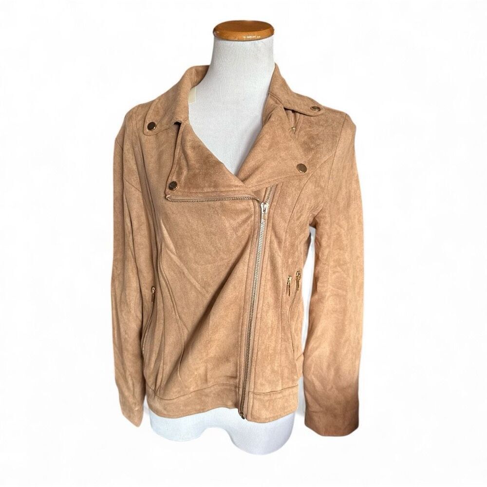NWT Womens Francesca’s Collection Blue Rain Suede Camel Zip Detail Jacket - Sz M